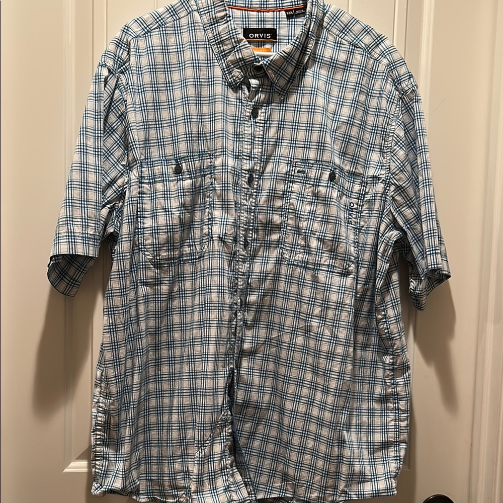 Orvis Blue and White Casual Button Down Shirt with built in glasses wipe